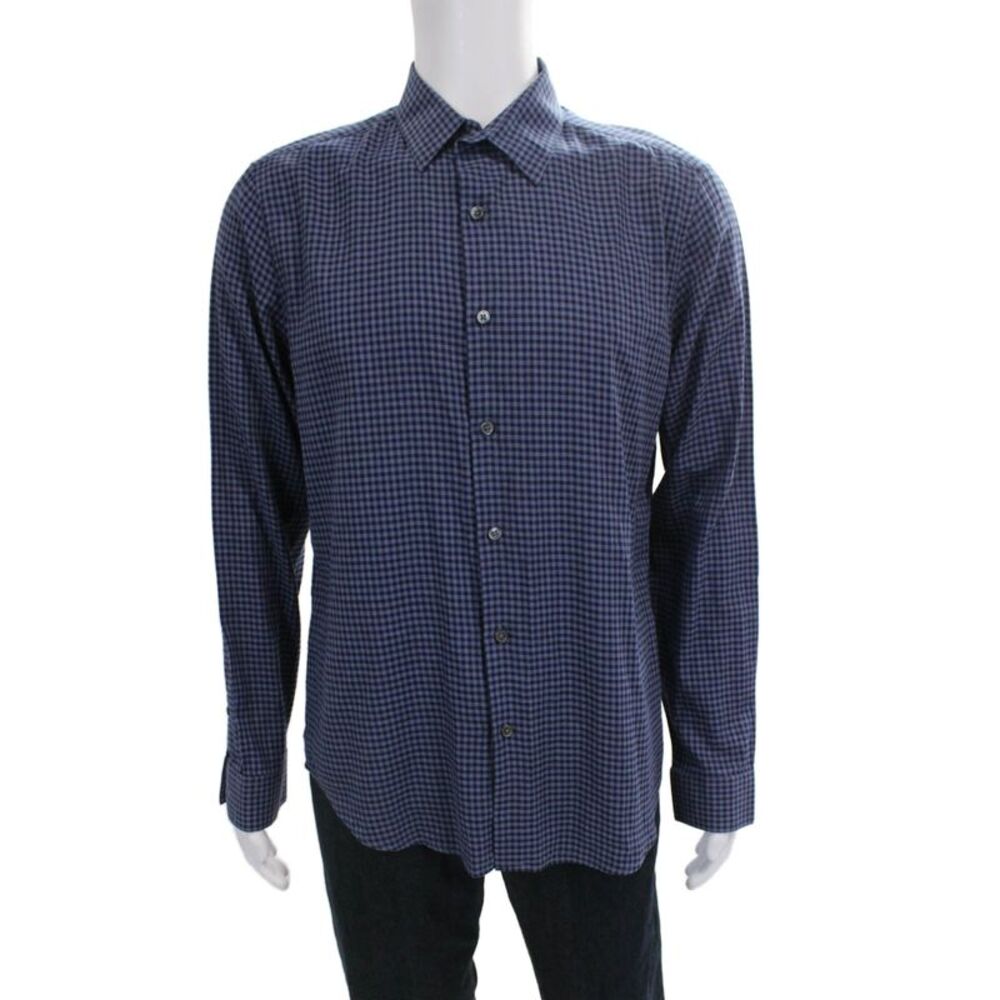 Theory Mens Cotton Checkered Button Up Shirt Blue Size L